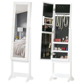 Lighted Jewelry Cabinet Mirrored Armoire Organizer Free Standing Storage for Necklaces Bracelets Rings Earrings Adjustable