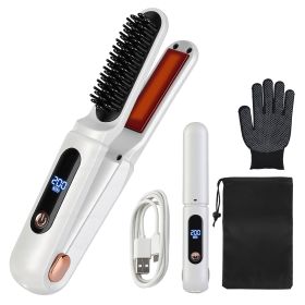 2 In 1 Ceramic Hair Straightener Flat Iron Cordless Hair Straightener Brush Hair Portable Styling Iron with Carry Bag Anti-scald Gloves 2 Hairpins (Option: HairStraightenerWhite)